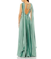 Mac Duggal Pleated Boat Neck Sleeveless Open Drape Back Gown