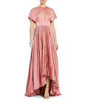 Mac Duggal Pleated Charmeuse Crew Neck Front Cut-Out Short Sleeve High Low Gown