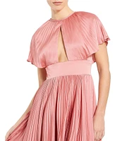 Mac Duggal Pleated Charmeuse Crew Neck Front Cut-Out Short Sleeve High Low Gown