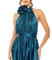 Mac Duggal Pleated Charmeuse Halter Rosette Sleeveless Open Back Midi Dress