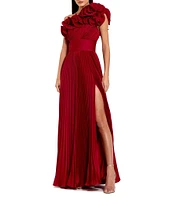 Mac Duggal Pleated Charmeuse One Shoulder Sleeveless Ruffle Trim Side Slit Gown