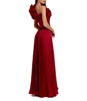 Mac Duggal Pleated Charmeuse One Shoulder Sleeveless Ruffle Trim Side Slit Gown