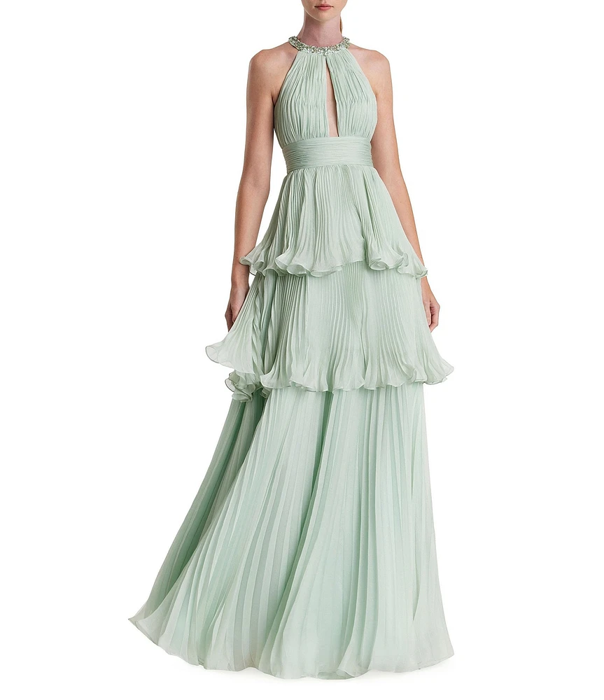 Mac Duggal Pleated Charmeuse One Shoulder Sleeveless Side Cut-Out Front Slit Gown