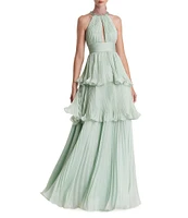 Mac Duggal Pleated Charmeuse One Shoulder Sleeveless Side Cut-Out Front Slit Gown