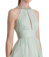 Mac Duggal Pleated Charmeuse One Shoulder Sleeveless Side Cut-Out Front Slit Gown