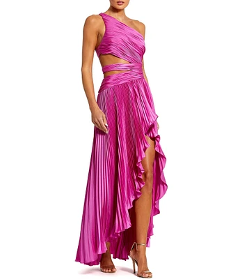 Mac Duggal Pleated Charmeuse One Shoulder Sleeveless Side Cut-Out Front Slit Gown