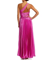 Mac Duggal Pleated Charmeuse One Shoulder Sleeveless Side Cut-Out Front Slit Gown