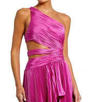 Mac Duggal Pleated Charmeuse One Shoulder Sleeveless Side Cut-Out Front Slit Gown