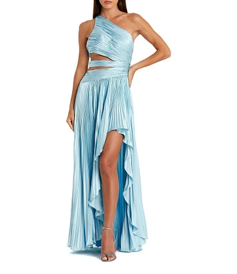 Mac Duggal Pleated Charmeuse One Shoulder Sleeveless Side Cut-Out Front Slit Gown
