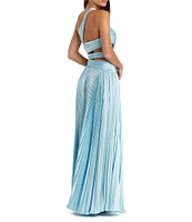 Mac Duggal Pleated Charmeuse One Shoulder Sleeveless Side Cut-Out Front Slit Gown
