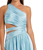Mac Duggal Pleated Charmeuse One Shoulder Sleeveless Side Cut-Out Front Slit Gown