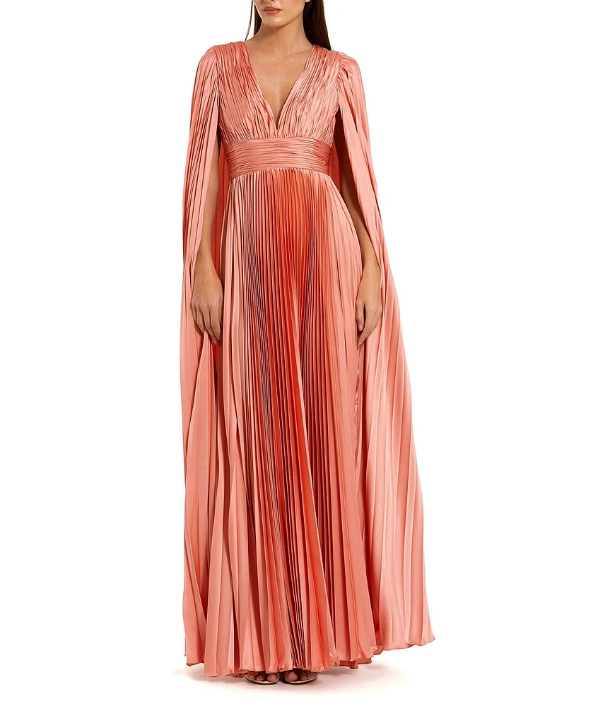 Mac Duggal Pleated Charmeuse V-Neck Cape Sleeve Gown