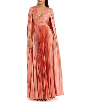 Mac Duggal Pleated Charmeuse V-Neck Cape Sleeve Gown
