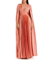 Mac Duggal Pleated Charmeuse V-Neck Cape Sleeve Gown