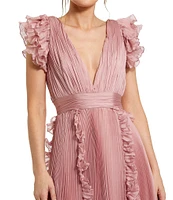 Mac Duggal Pleated Chiffon Deep V-Neck Flutter Sleeve Ruffle Midi Dress