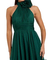 Mac Duggal Pleated Chiffon Halter Rosette Neck Sleeveless Ruffle Hem Mini Dress