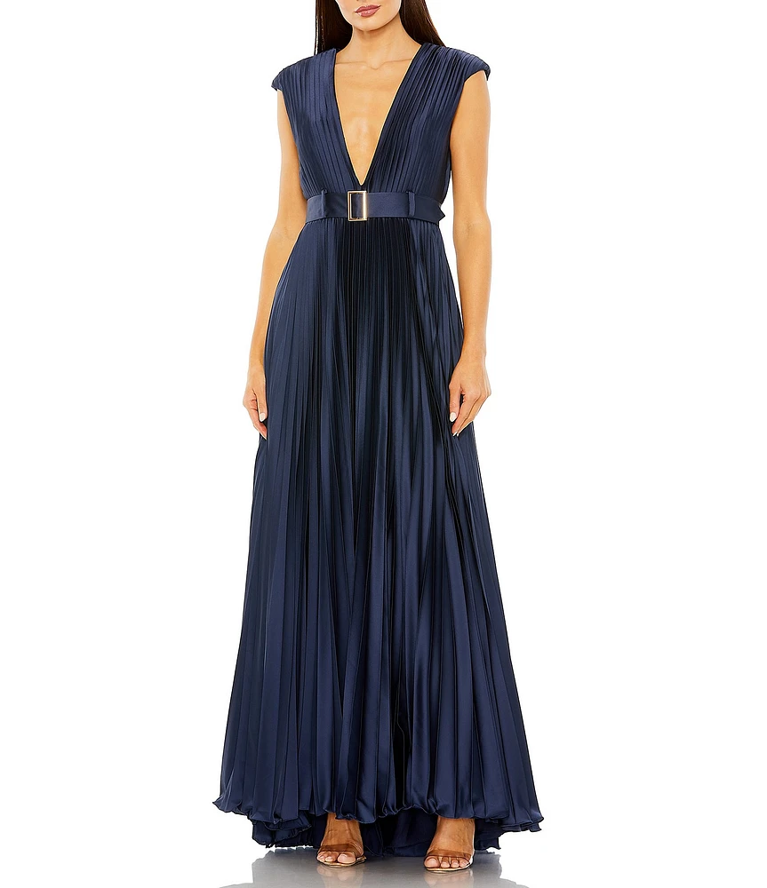 Mac Duggal Pleated Deep V-Neck Cap Sleeve Belted Gown