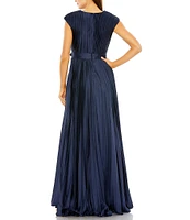 Mac Duggal Pleated Deep V-Neck Cap Sleeve Belted Gown