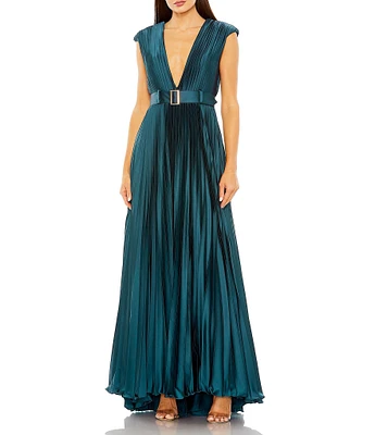 Mac Duggal Pleated Deep V-Neck Cap Sleeve Belted Gown