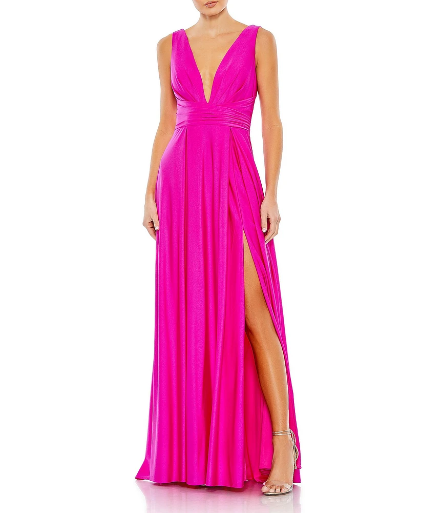 Mac Duggal Pleated Deep V-Neck Sleeveless Empire Waist Thigh High Slit A-Line Gown