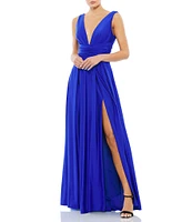 Mac Duggal Pleated Deep V-Neck Sleeveless Empire Waist Thigh High Slit A-Line Gown