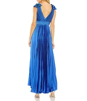 Mac Duggal Pleated Deep V-Neck Sleeveless Shoulder Detail Asymmetrical Hem Gown