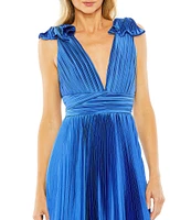 Mac Duggal Pleated Deep V-Neck Sleeveless Shoulder Detail Asymmetrical Hem Gown