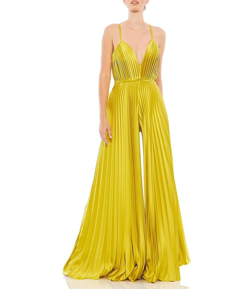 Mac Duggal Pleated Deep V-Neck Spaghetti Strap Sleeveless Wide Leg Jumpsuit