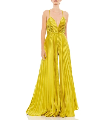 Mac Duggal Pleated Deep V-Neck Spaghetti Strap Sleeveless Wide Leg Jumpsuit