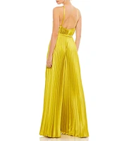 Mac Duggal Pleated Deep V-Neck Spaghetti Strap Sleeveless Wide Leg Jumpsuit