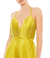 Mac Duggal Pleated Deep V-Neck Spaghetti Strap Sleeveless Wide Leg Jumpsuit