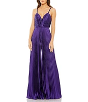 Mac Duggal Pleated Deep V-Neck Spaghetti Strap Sleeveless Wide Leg Jumpsuit