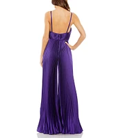 Mac Duggal Pleated Deep V-Neck Spaghetti Strap Sleeveless Wide Leg Jumpsuit