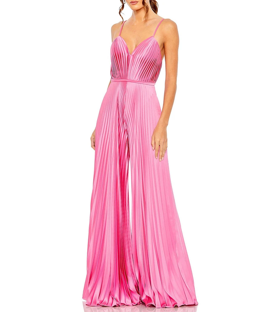 Mac Duggal Pleated Deep V-Neck Spaghetti Strap Sleeveless Wide Leg Jumpsuit