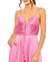 Mac Duggal Pleated Deep V-Neck Spaghetti Strap Sleeveless Wide Leg Jumpsuit