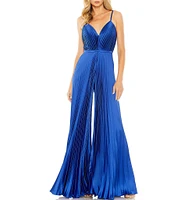 Mac Duggal Pleated Deep V-Neck Spaghetti Strap Sleeveless Wide Leg Jumpsuit