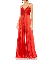 Mac Duggal Pleated Deep V-Neck Spaghetti Strap Sleeveless Wide Leg Jumpsuit