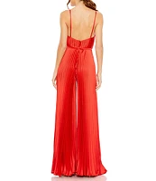 Mac Duggal Pleated Deep V-Neck Spaghetti Strap Sleeveless Wide Leg Jumpsuit