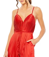 Mac Duggal Pleated Deep V-Neck Spaghetti Strap Sleeveless Wide Leg Jumpsuit