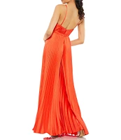 Mac Duggal Pleated Deep V-Neck Spaghetti Strap Sleeveless Wide Leg Jumpsuit