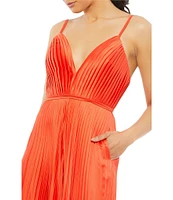 Mac Duggal Pleated Deep V-Neck Spaghetti Strap Sleeveless Wide Leg Jumpsuit