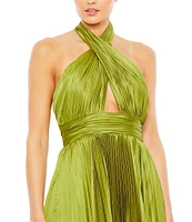 Mac Duggal Pleated Halter Neck Cut-Out Front Back Detail Sleeveless Asymmetrical Hem Gown