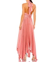 Mac Duggal Pleated Halter Neck Cut-Out Front Back Detail Sleeveless Asymmetrical Hem Gown