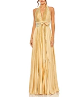 Mac Duggal Pleated Halter Neck Sleeveless Center Bow Gown