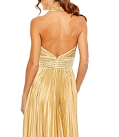 Mac Duggal Pleated Halter Neck Sleeveless Center Bow Gown