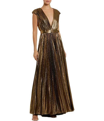 Mac Duggal Pleated Metallic Jersey V-Neck Cap Sleeve Belted Gown