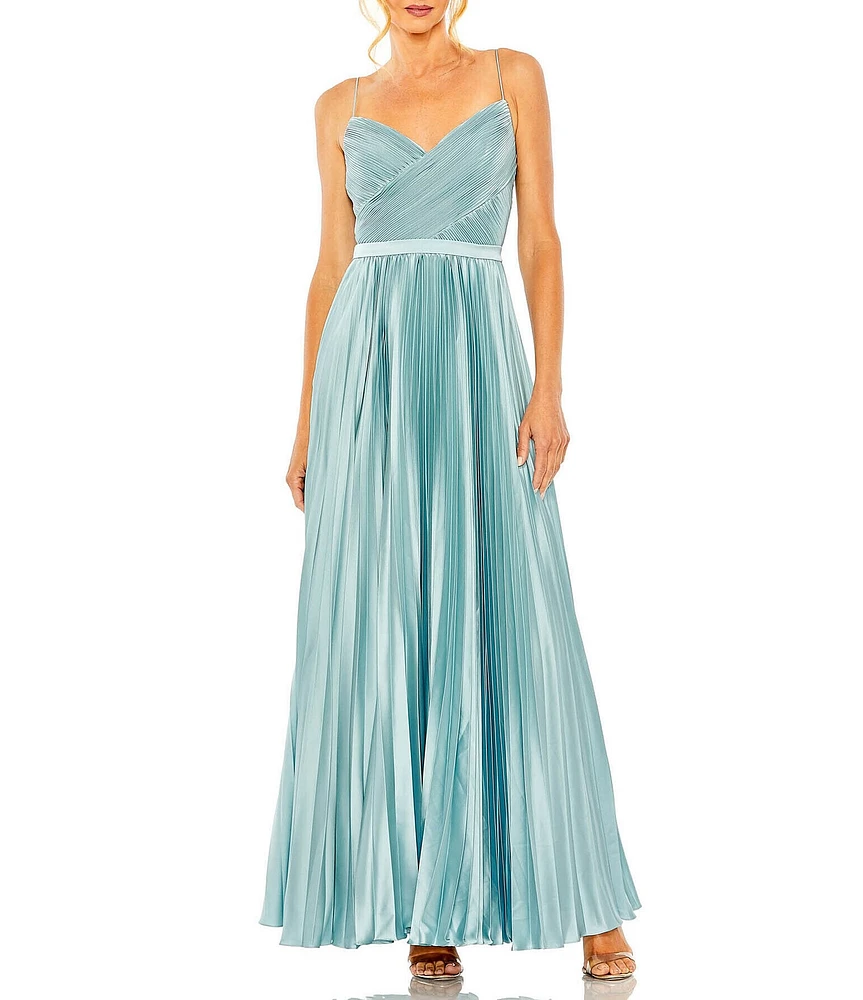 Mac Duggal Pleated Ruched V-Neck Spaghetti Strap Satin A-Line Gown