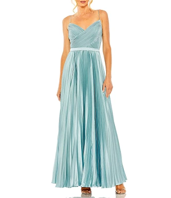 Mac Duggal Pleated Ruched V-Neck Spaghetti Strap Satin A-Line Gown