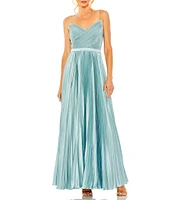 Mac Duggal Pleated Ruched V-Neck Spaghetti Strap Satin A-Line Gown