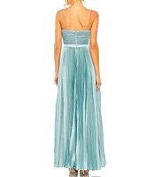 Mac Duggal Pleated Ruched V-Neck Spaghetti Strap Satin A-Line Gown